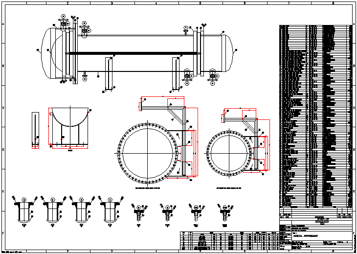 Complete GA Drawing of Exchanger, details of saddle, Nozzles and Nozzle table, with Bill of Material for each component with reference to tag number